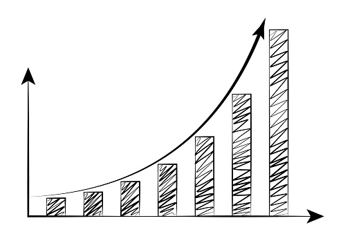Exponential growing curve above a bar chart shaded with hand drawing strokes in black and white. Illustration as design element for the topics of business, sale performance, profit and revenue