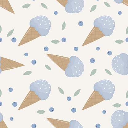 blueberry ice cream seamless pattern. Ice cream in a cone and strawberries on a light background. Vector illustration