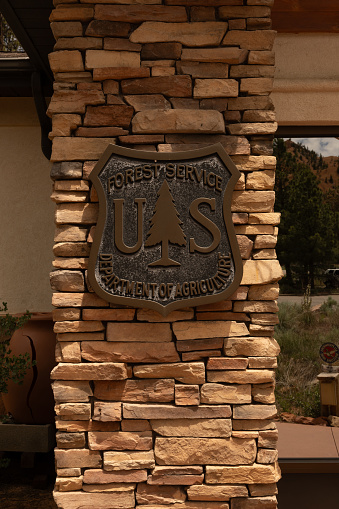 Cedar Breaks National Monument, United States: June 21, 2023: US Forest Service Emblem On Stacked Stone Column