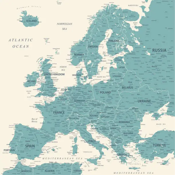 Vector illustration of Europe - Highly Detailed Vector Map of the Europe. Ideally for the Print Posters. Faded Blue Green White Colors