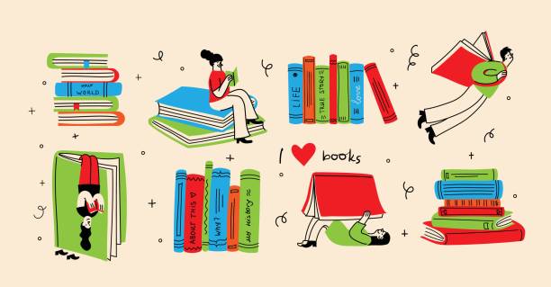 grafika světového dne knihy - akce knižního týdne. moderní plochý vektorový koncept ilustrace čtení lidí, mladý muž čte knihu létající na obloze v retro stylu - kniha stock ilustrace