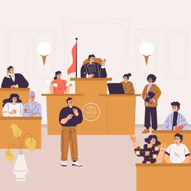 Vector illustration of Litigation with People Characters in Courtroom with Judge Engaged in Settlement Vector Illustration