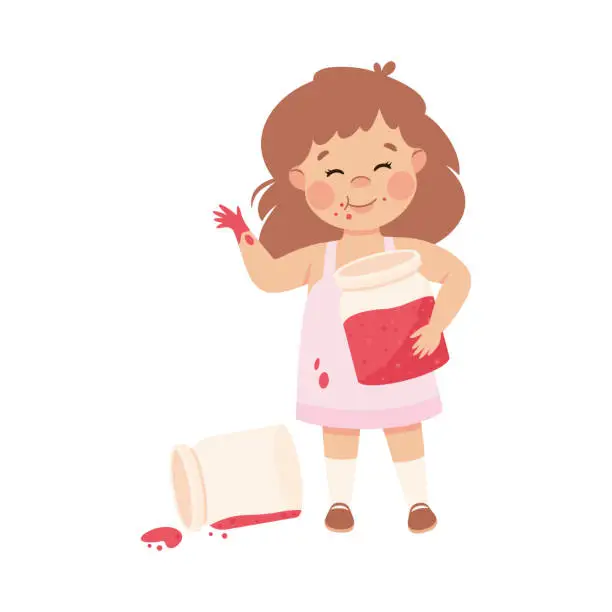 Vector illustration of Little Girl Eating Sweet Jam from Jar with Hands Having Bad Behavior Vector Illustration