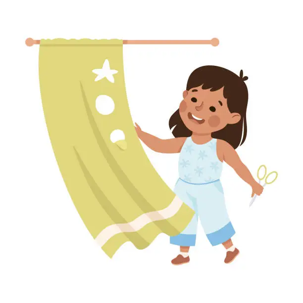 Vector illustration of Little Girl with Scissors Cut Shower Curtains Having Bad Behavior Vector Illustration