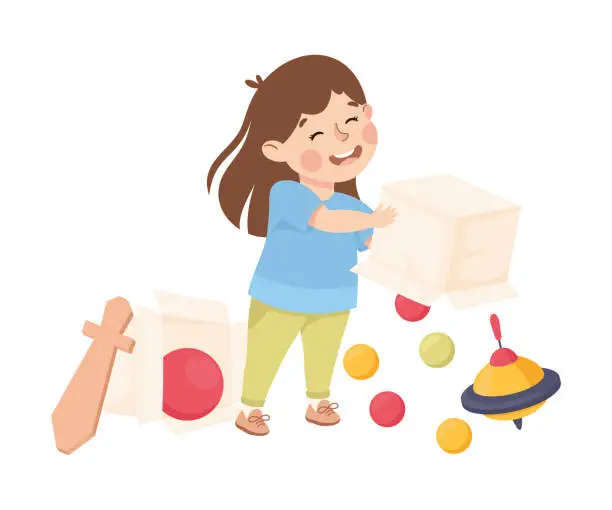 Vector illustration of Little Girl Throwing Toys Around Having Bad Behavior Vector Illustration