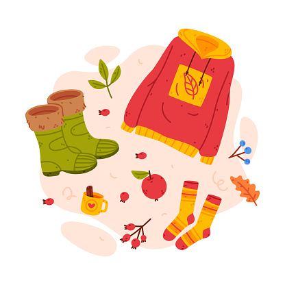 Warm Autumn Clothes and Bright Accessory Vector Composition. Colorful Seasonal Garment and Apparel