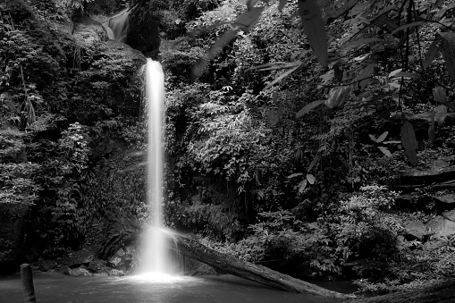 Slow motion shot of the Montha Than waterfall in the luxuriant jungle of the Doi Suthep national park, Thailand.