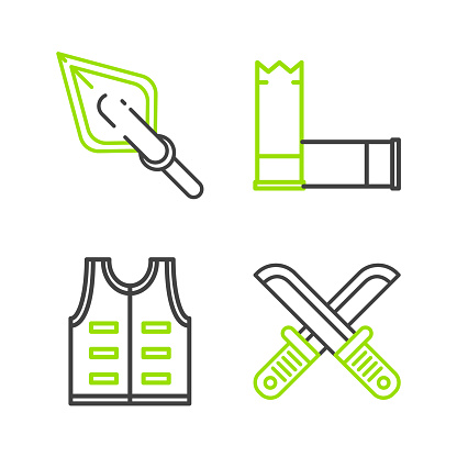 Set line Crossed hunter knife Hunting jacket Cartridges and Hipster arrow tip icon. Vector.