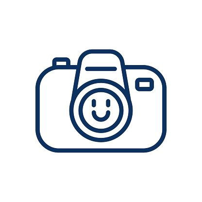 Happy Photography Icon. Linear Illustration of a Camera with a Smiley Face, Symbolizing Joy in Capturing Childhood Moments, Child-Friendly Technology and Hobbies, Curiosity in Photography for Kids.