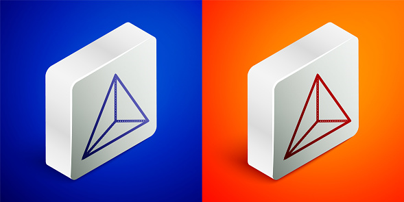 Isometric line Geometric figure Tetrahedron icon isolated on blue and orange background. Abstract shape. Geometric ornament. Silver square button. Vector.