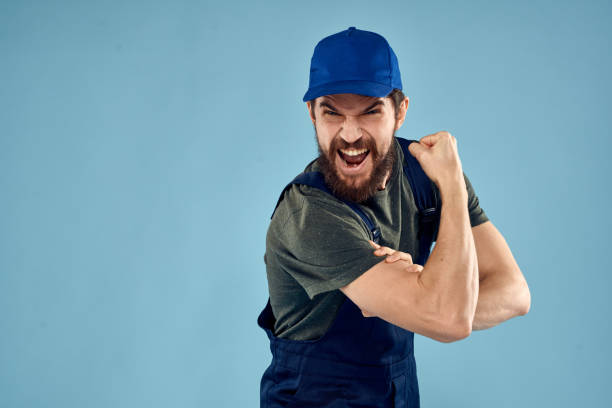 istock Man in working uniform emotions in life delivery service work 2138521767
