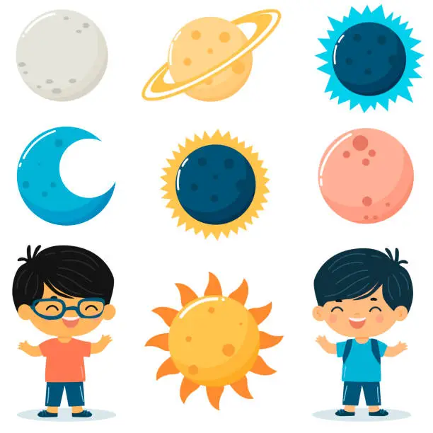 Vector illustration of Set of solar system, sun, moon, planets. Baby illustration in flat style