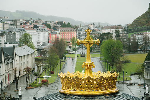 General view of Lourdes, France, from Our Lady of the rosary Basilica