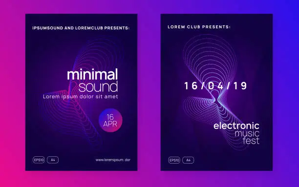 Vector illustration of Night music flyer. Electro dance dj. Electronic sound fest. Techno trance party. Club event poster.