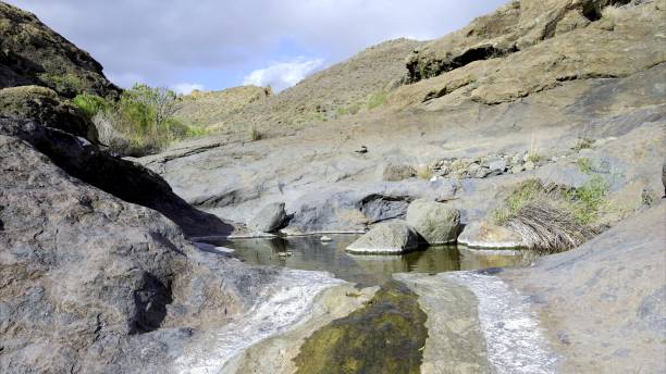 istock Rainwater trickle flows in desert environment in ravine surrounded by arid mountains. Global warming concept 2138572431