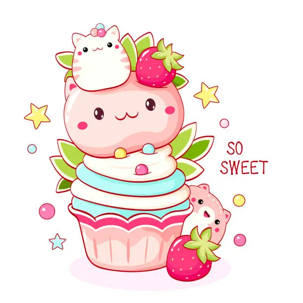 Vector illustration of Cute cat-shaped dessert in kawaii style. Cake, muffin and cupcake with whipped cream and berry. Inscription So sweet. Can be used for t-shirt print, sticker, greeting card. Vector illustration EPS8