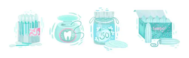 Vector illustration of Hygiene Object and Toilet Items with Dental Floss, Cotton Pads and Swabs Vector Set