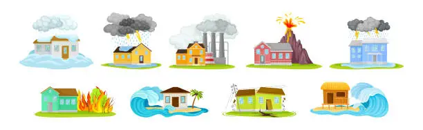 Vector illustration of Natural Disaster and Extreme Weather Condition with Building Undergoing Catastrophe Vector Set