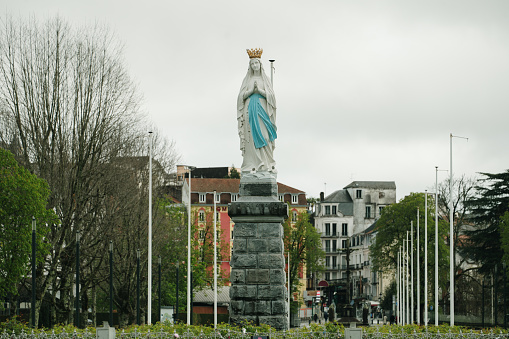 Lourdes, France - 26 March, 2024: A large Virgin Mary statue in Lourdes, France.