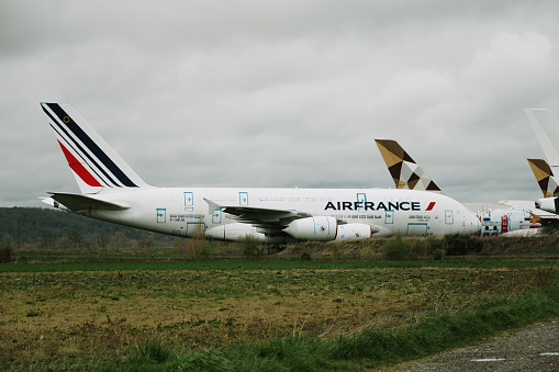 Ossun, France - 26 March, 2024: A scrapped Airbus A380 with an Air France logo in Tarbes Airport, France.