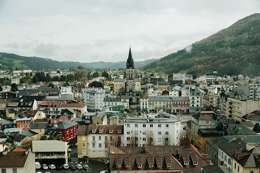 General view of residential buildings in Lourdes, France.