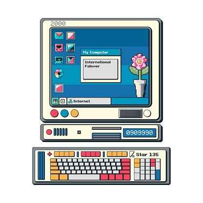 Trendy illustration with a computer user interface. Elements of pixel art style of the 90s dialog box, search, computer, keyboard. Modern vector illustration.