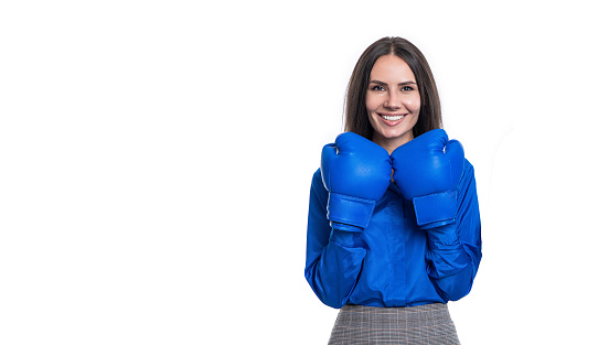 Businesswoman at corporate battle isolated on white. Businesswoman having leadership fight in business. Copy space advertisement. Fighting for leadership in gloves. Business success. Business fight.