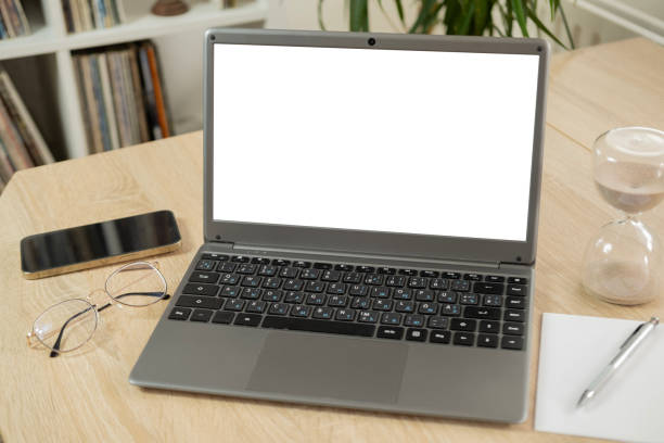 istock white screen display for video, empty blank mockup, home office, room interior with plant, pc screen mockup, work cozy space 2138696341
