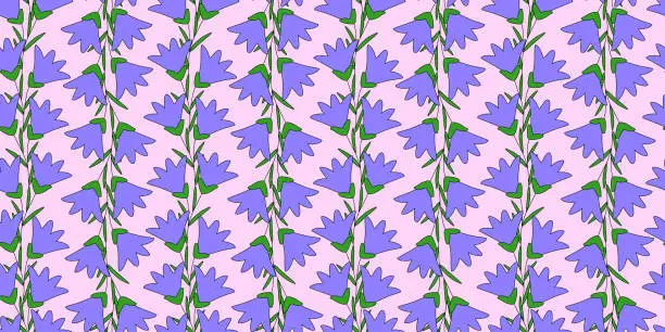 Vector illustration of Violet bell meadow flowers with green leaves on pink background, seamless pattern vector