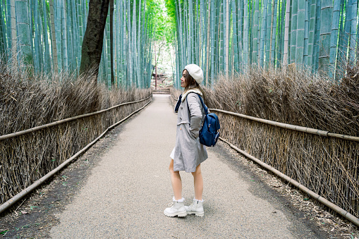 Beautiful woman tourists walking enjoying their trip to Bamboo forest, Kyoto, Japan at winter.