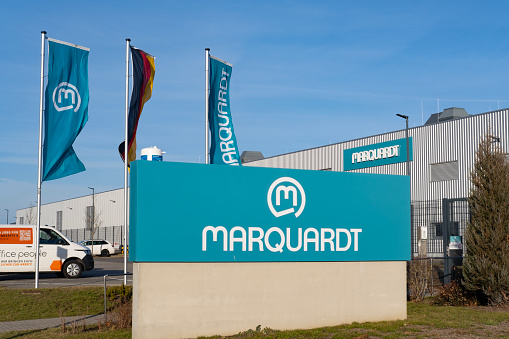 Advertising banner Marquardt manufacturer electromechanical and electronic industries, notably automotive, battery management systems, sustainable development, Arnstadt, Germany - February 05, 2024