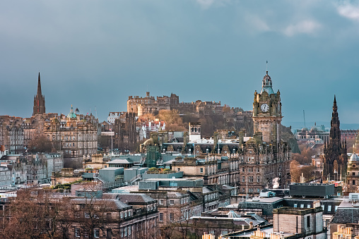 A view of the Edinburgh Old Town skyline, with Balmoral Hotel, Scott Monument, and other iconic buildings visible