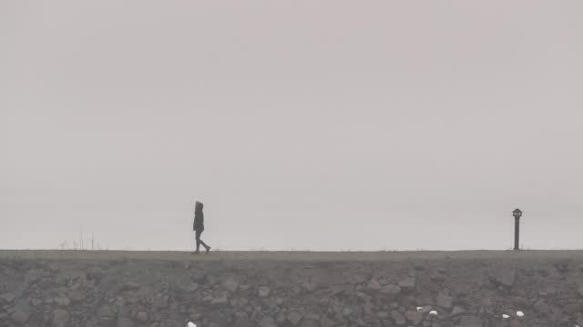 A woman walking along a pier in misty weather