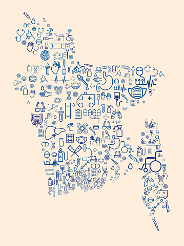 Map of Bangladesh formed by icons related to medicine and healthcare system. SUS. Public healthcare