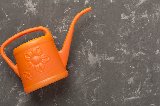 Watering can on concrete background, top, view