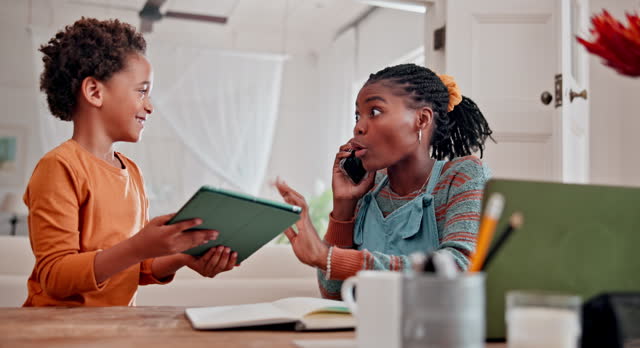 Child, disturb or mom on a phone call for remote work, networking or talking in home or house. Attention, multitasking problem or annoyed African mother at job frustrated by a boy, distraction or kid