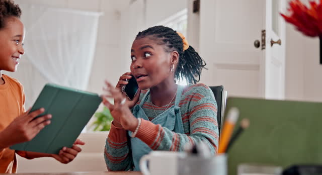 Child, distraction or mom on a phone call for remote work, networking job or talking in home with noise. Attention, disturb or annoyed African mother frustrated by a boy, multitasking problem or kid