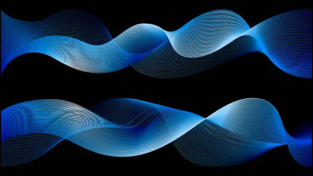 Vector illustration of Neon light ai wavy line blue background. Digital vector data stream or network connect effect. Abstract blend gradient for neural tech web. Aurora spectrum night mesh flow.