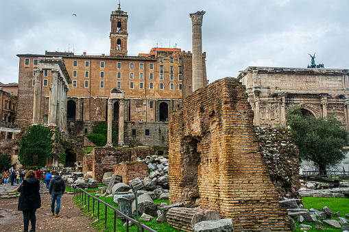 Rome, Italy 10-03-2016 Trajan's Column and Church of the Most Holy Name of Mary at Trajan's Forum in Rome, Italy.