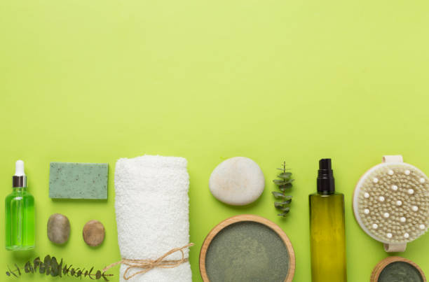 istock Composition with cosmetic clay and spa products on color background, top view 2138789810