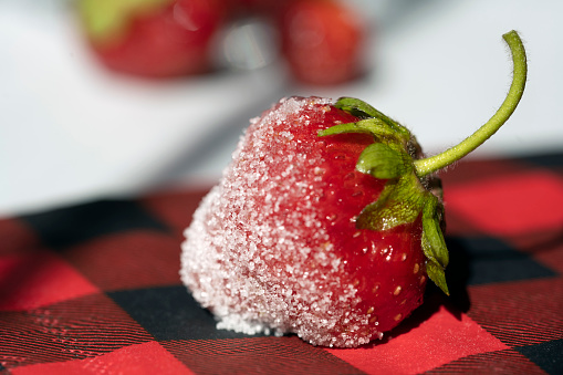 Sugar-covered strawberry on a red and black plaid napkin with more berries blurred in the background.