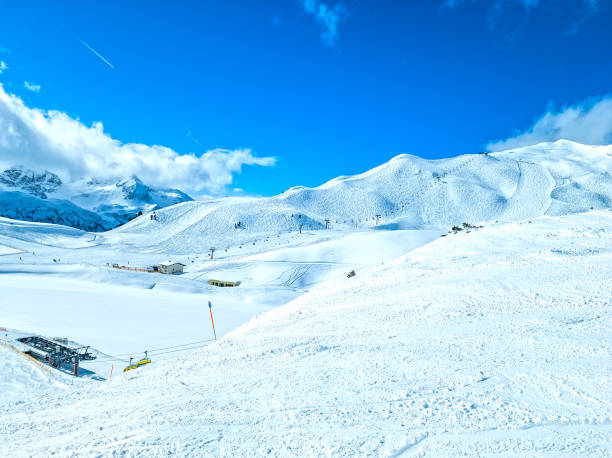 Obertauern, Salzburg area, Austria - Ski resort, hut, skiers and slope in Austrian Alps