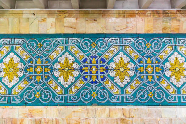Tashkent, Uzbekistan, Central Asia. August 21, 2021. Decorative tile work in a Tashkent subway station.