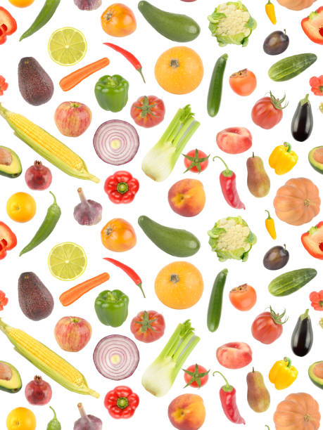 istock Vertical seamless pattern fresh fruits and vegetables isolated on white 2138850922