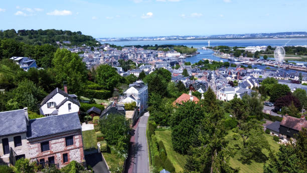 istock Drone view on small ancient Honfleur and Seine river  an lighthouse and Rouen cove 2138861245
