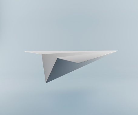 Paper airplane on blue background rendered in 3D