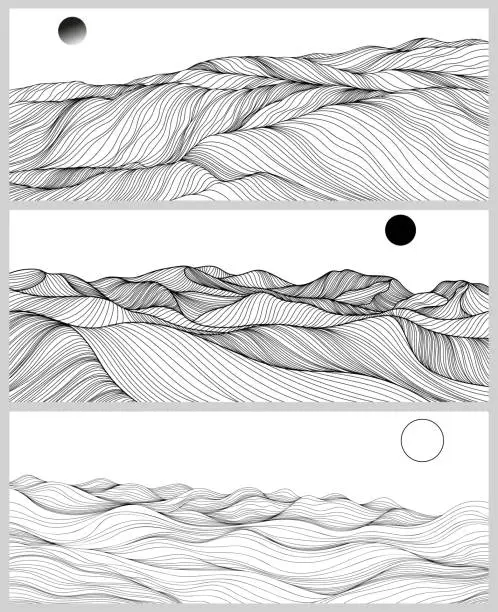 Vector illustration of Surreal desert landscape set. Abstract desert background hand drawn collection. Dune with wavy lines.