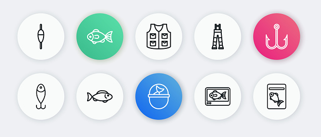 Set line Fishing bucket with fish hook lure finder echo sounder Fisherman pants jacket Served on plate and icon. Vector.
