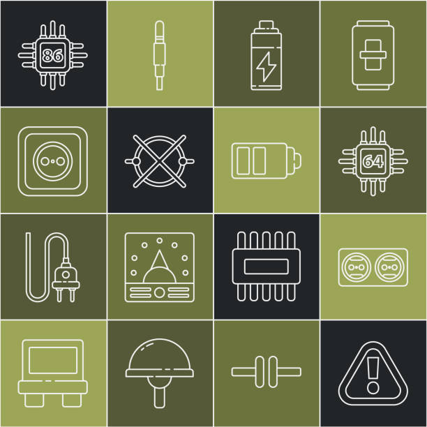 ilustrações, clipart, desenhos animados e ícones de definir linha ponto de exclamação no triângulo, tomada elétrica, processador com microcircuitos cpu, bateria, esquema e ícone indicador de nível de carga. vetor - pop socket