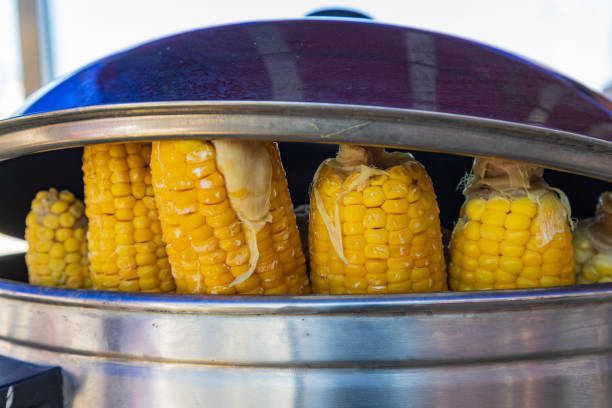 Bukhara, Uzbekistan, Central Asia. Steamed corn on the cob at a market in Bukhara.
